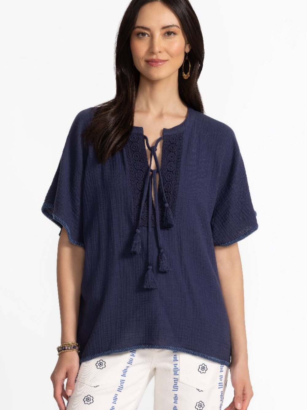 Johnny Was Calme Blue-Nights Top M B54" fit XL,1X? Cotton Gauze,Whipstitch Edges